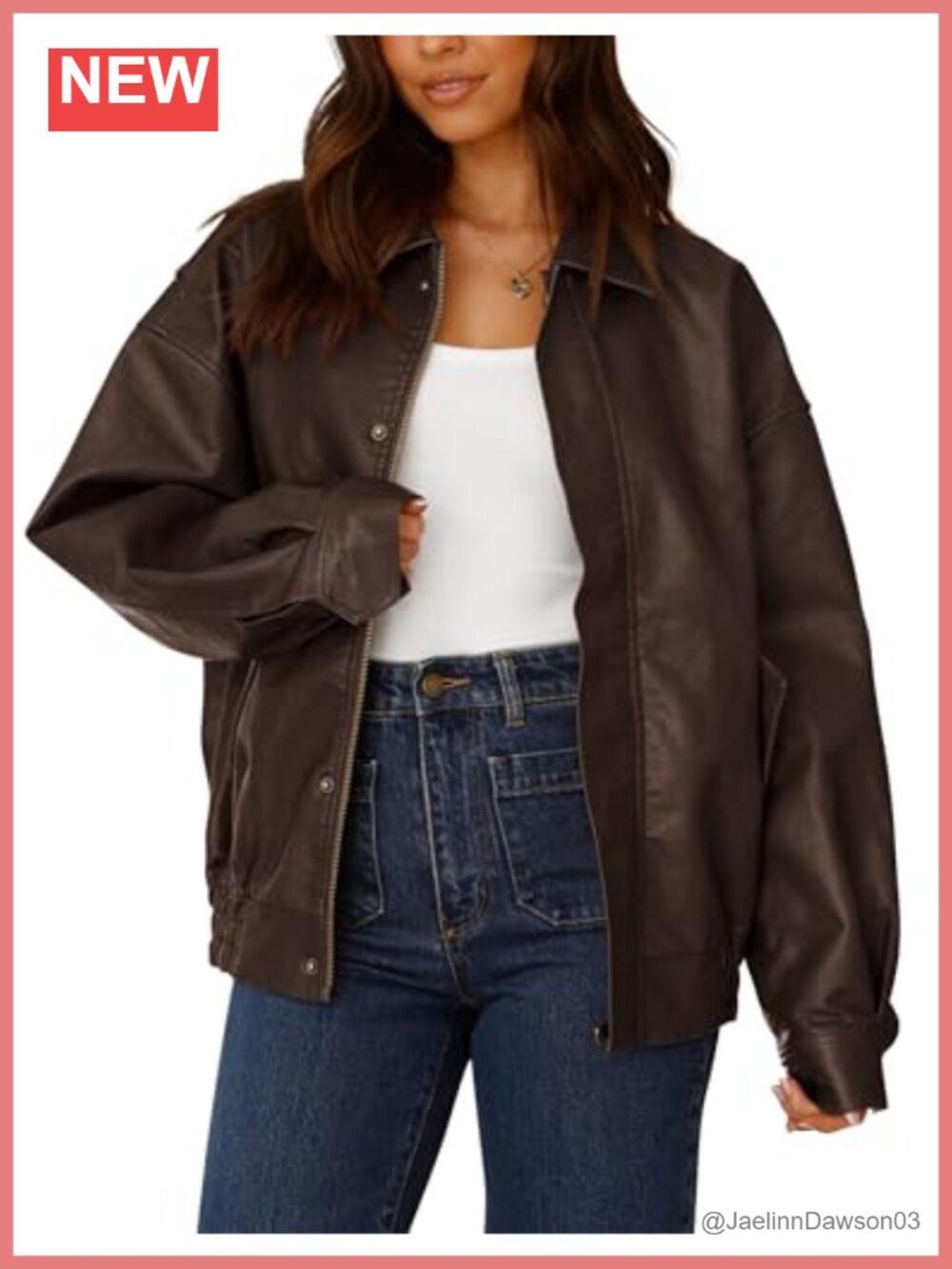 Faux Leather Motorcycle Jacket Zip Up Loose Fit Long Sleeve Women Outerwear